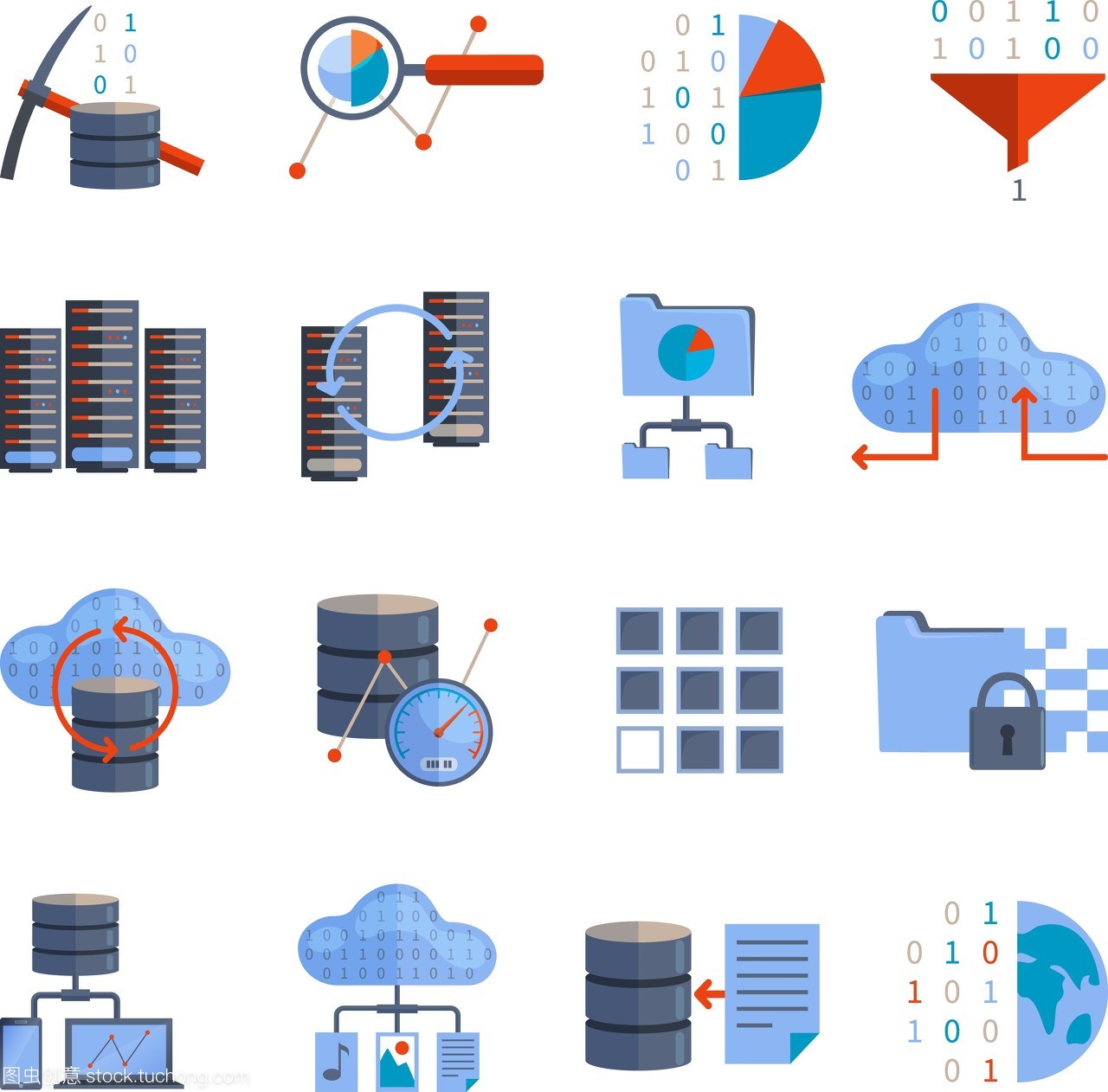 数据处理图标。数据处理和信息分析平面彩色图标设置孤立的矢量图